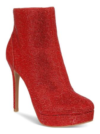 THALIA SODI Womens Red Rhinestone Padded Chiara Round Toe Stiletto Zip-Up Dress Boots 10 M 