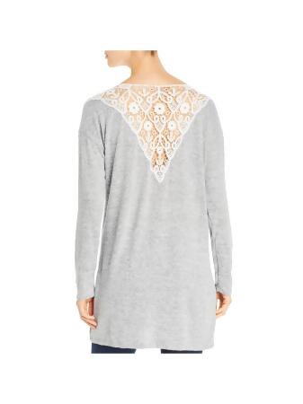 ALISON ANDREWS Womens Gray Stretch Pocketed Crochet-back Heather Long  Sleeve Open Front Sweater XL