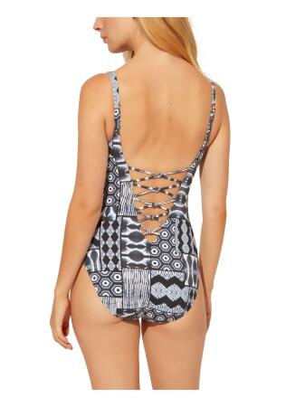 BLEU Women's Navy Printed Stretch Plunging V-Neck Strappy Beaded Adjustable  Full Coverage One Piece Swimsuit 14