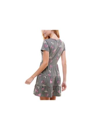 BEBOP Womens Gray Ruffled Floral Short Sleeve Jewel Neck Short Fit + Flare  Dress Juniors L