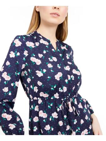 MAISON JULES Womens Navy Floral Long Sleeve V Neck Short Sheath Dress Size:  XXS