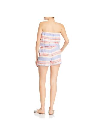 LEMLEM Womens Light Blue Fringed Ruffled Elastic Waist Pocketed Unlined Striped Sleeveless Strapless Romper S alternate image