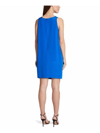 TAHARI Womens Blue Stretch Pleated Zippered Sleeveless Scoop Neck Short  Evening Shift Dress 14