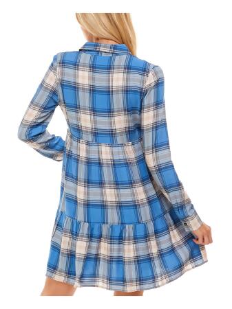 ULTRA FLIRT Womens Blue Plaid Cuffed Sleeve Point Collar Short Fit + Flare Dress Juniors XS alternate image