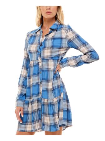 ULTRA FLIRT Womens Blue Plaid Cuffed Sleeve Point Collar Short Fit + Flare Dress Juniors XS alternate image