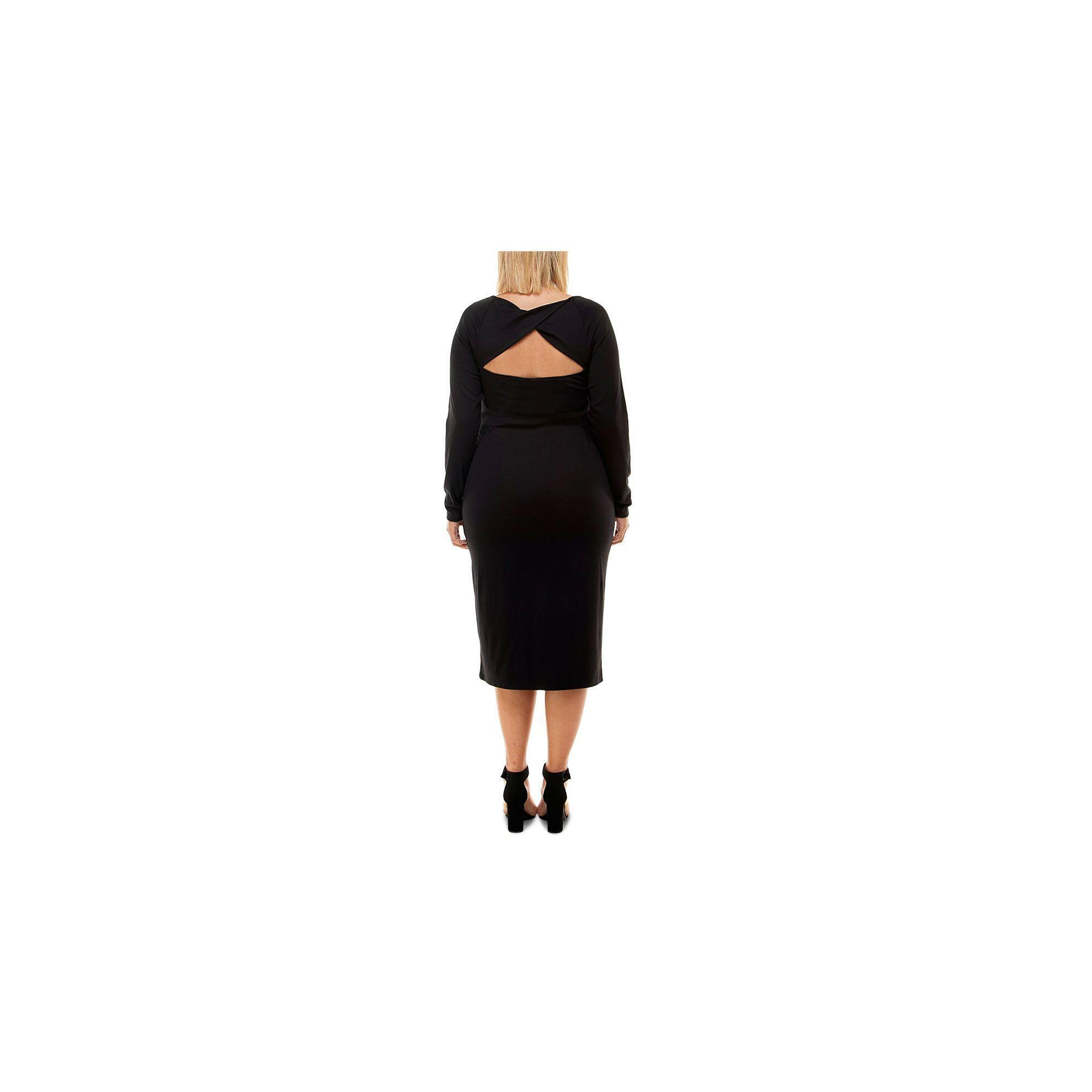 PLANET GOLD Womens Black Stretch Ruched Twisted Back Cutout Long Sleeve V Neck Below The Knee Cocktail Sheath Dress Plus 3X alternate image