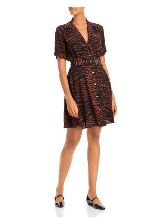 STAUD Womens Black Belted Pocketed Gathered Elastic Waist Animal Print  Short Sleeve Collared Above The Knee Shirt Dress 4