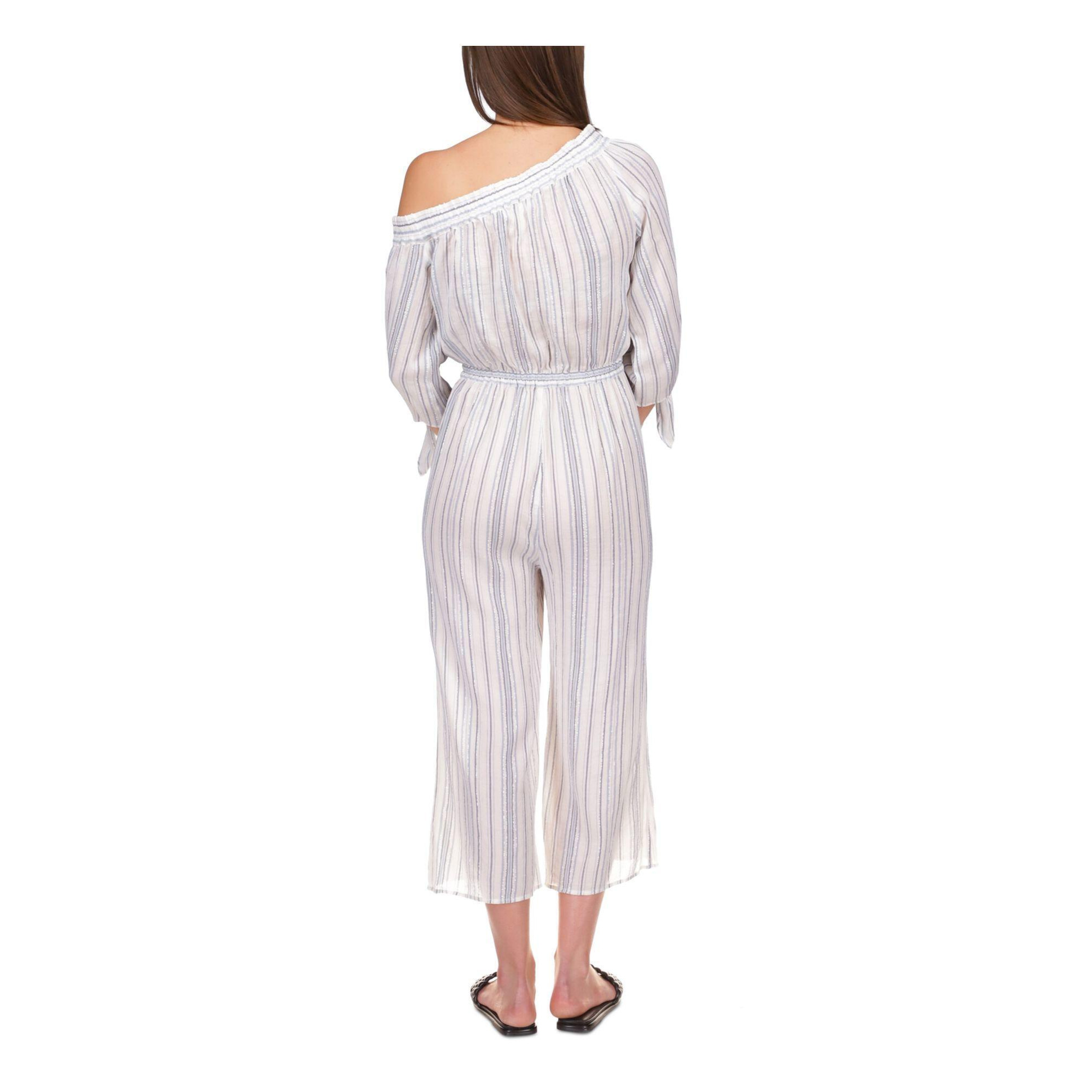 MICHAEL MICHAEL KORS Womens White Striped Asymmetrical Neckline High Waist Jumpsuit XL alternate image
