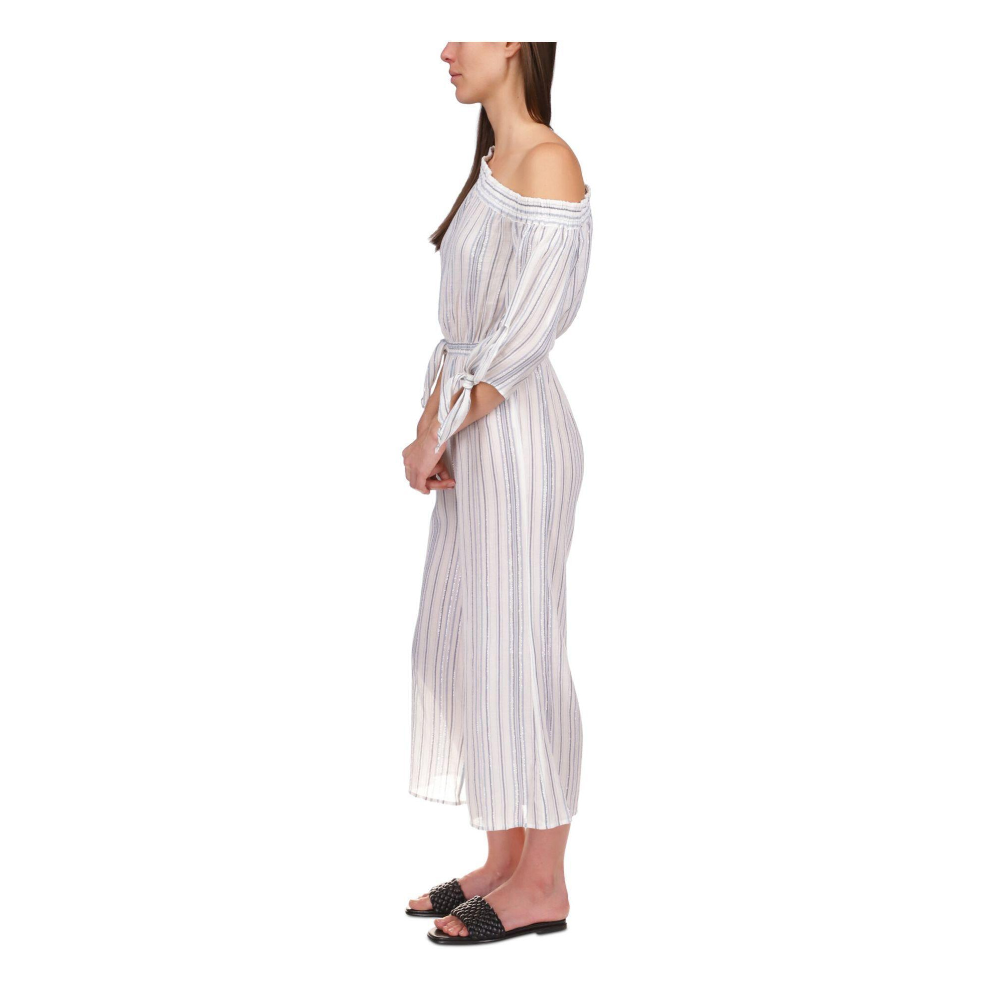 MICHAEL MICHAEL KORS Womens White Striped Asymmetrical Neckline High Waist Jumpsuit XL alternate image
