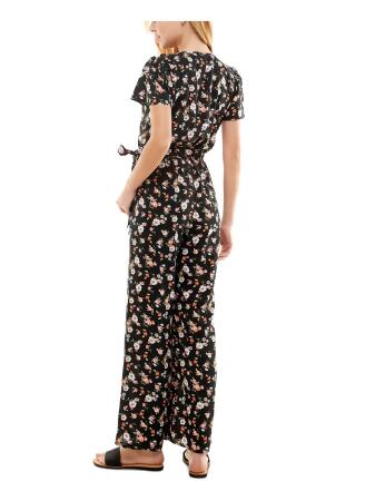 KINGSTON GREY Womens Black Ruffled Tie Pullover Unlined Floral Flutter  Sleeve Surplice Neckline Wide Leg Jumpsuit Juniors S