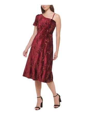 KENSIE DRESSES Womens Burgundy Sequined Lined Adjustable Short Sleeve  Asymmetrical Neckline Midi Cocktail A-Line Dress 2