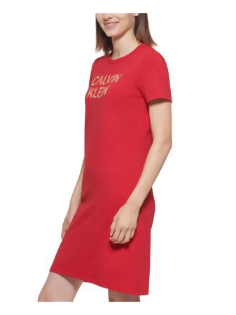 CALVIN KLEIN Womens Red Logo Graphic Short Sleeve Crew Neck Short Shift  Dress M