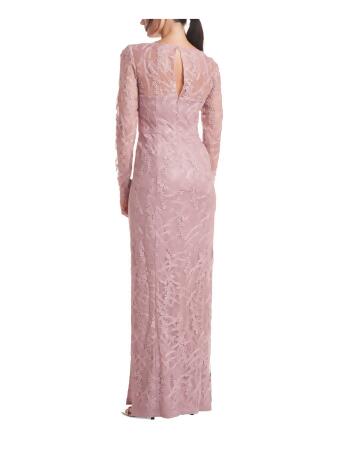 JS COLLECTIONS Womens Pink Embroidered Zippered Sequined Lined Long Sleeve Square Neck Full-Length Evening Sheath Dress 6 alternate image