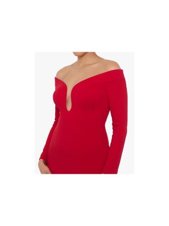 XSCAPE Womens Red Zippered Lined Off The Shoulder Keyhole Long Sleeve Illusion Neckline Full-Length Gown Dress 4 alternate image