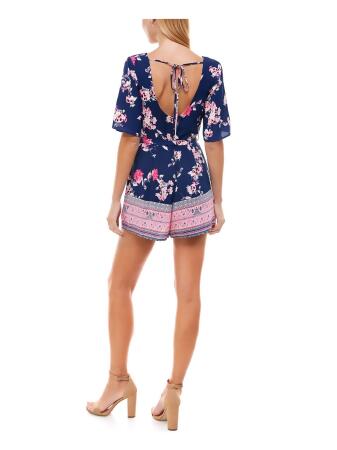 TRIXXI Womens Navy Stretch Belted Floral Surplice Neckline Romper Juniors L alternate image