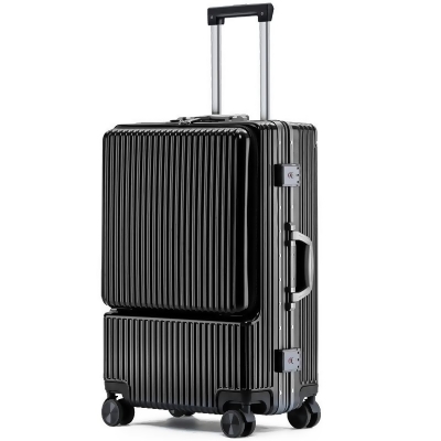 EJS-前開商務登機20吋行李箱（鋁框款-3個二代TSA海關鎖、usb充電孔設計、乾濕分離設計、靜音萬向滾輪）-黑色-豎款-鋁框款 