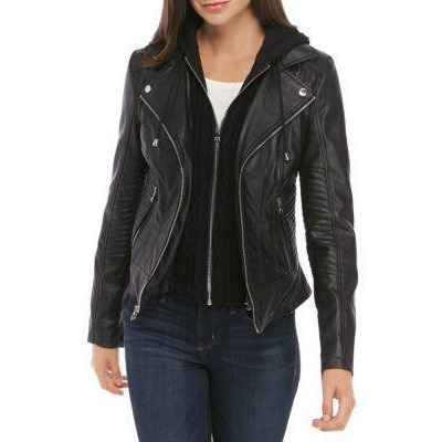 Guess Cable Knit Faux Leather Coat With Removable Hood Black L Guess Cable Knit Faux Leather Coat With