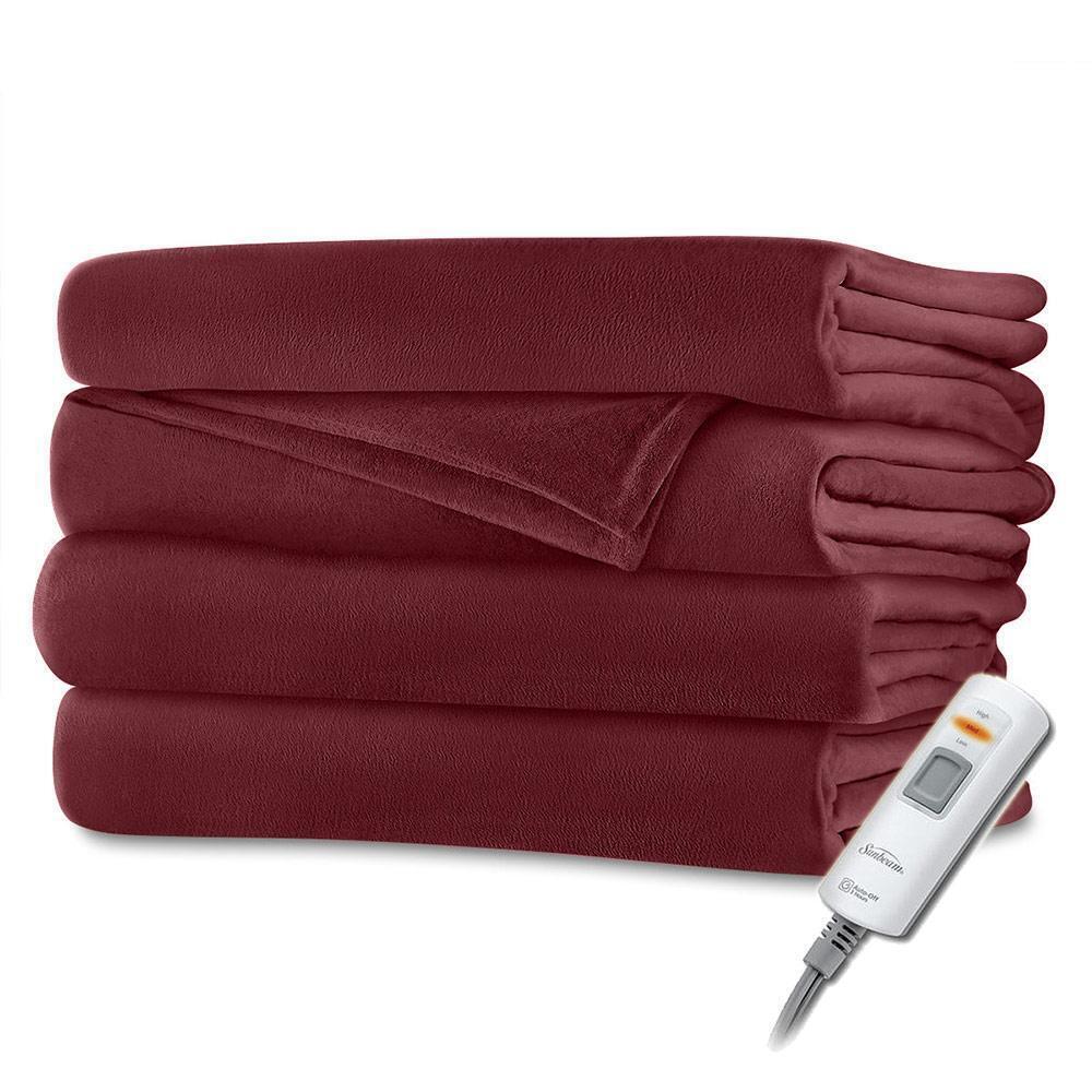 Sunbeam Velvet Plush Electric Heated Throw Blanket Garnet Red