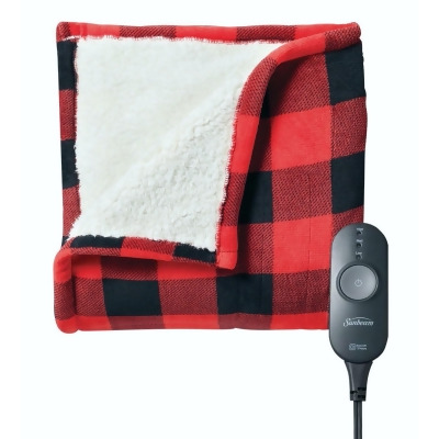Sunbeam Electric Heated Soft Sherpa Plush Warming Throw Blanket Red Black Buffalo Plaid 