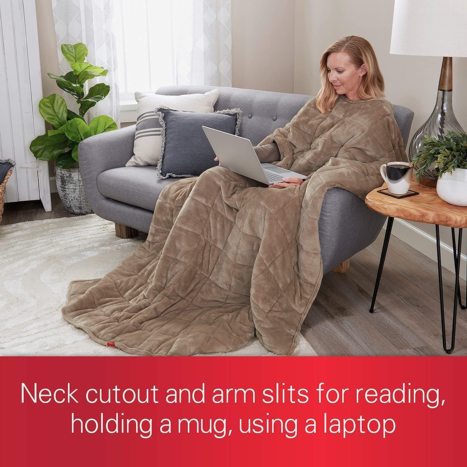 Sunbeam Warm Weighted Blanket | 15 Pounds, Reversible Plush Velvet/Microfiber with Arm Slits 54” x 73”, Mushroom alternate image