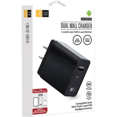 Case Logic CLOPW3103BK 3.1A Dual USB Type-A and USB Type-C Wall Charger 
