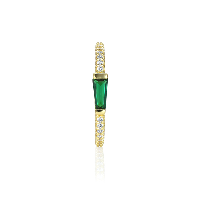Layered ZOE - Tapered Baguette Pave Ring, gold with green gem, straight-on view
