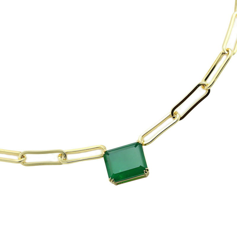 Layered JADE - Solitaire Paperclip Necklace close up view in gold