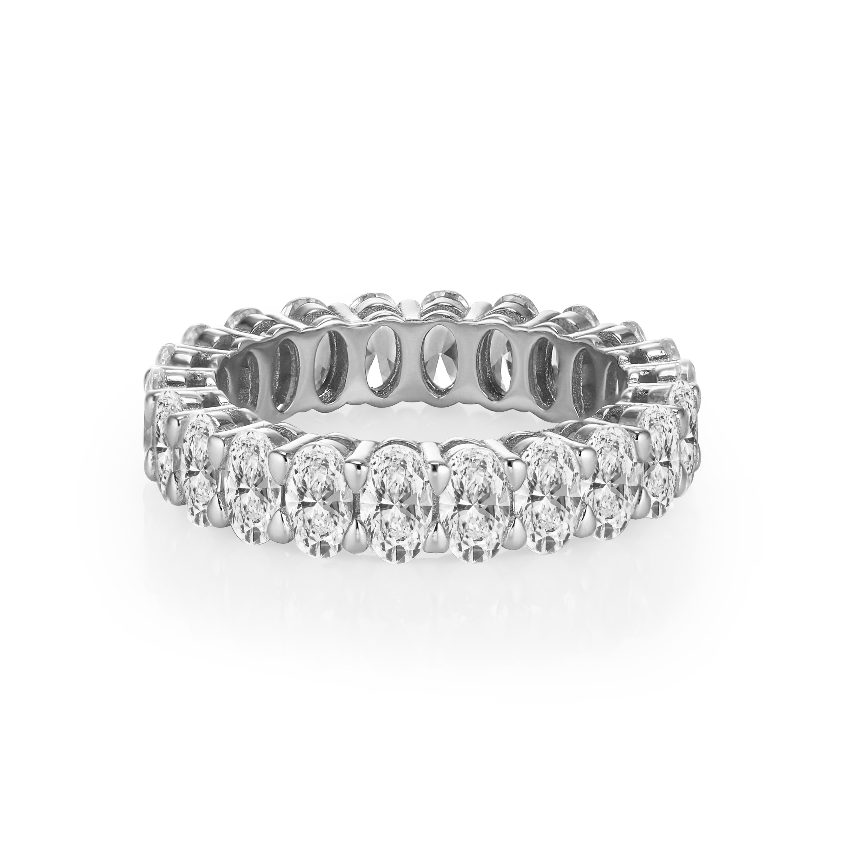 Layered KIMBERLY - Oval Cut Eternity band, laying flat, in silver with clear gems