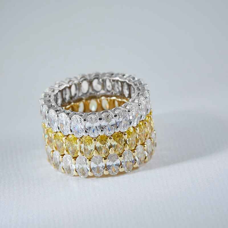 3 Layered KIMBERLY - Oval Cut Eternity bands, stacked, in silver and gold with clear gems and in gold with yellow gems