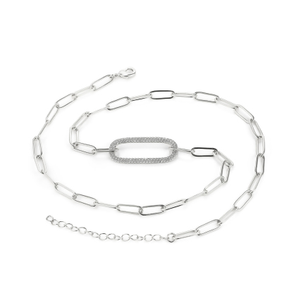 Layered - MARIA - Paperclip Necklace With Pave Oval Link in silver, laying in a flat spiral