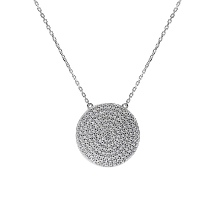 Closeup of Layered KAMILA Pave Coin Pendant in silver
