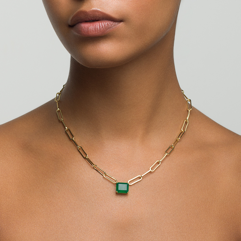 Model wearing Layered JADE - Solitaire Paperclip Necklace, in gold