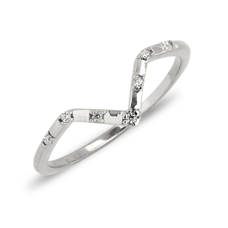 Closeup of Layered Lana - Stylish V-Shaped Ring in silver, angled view