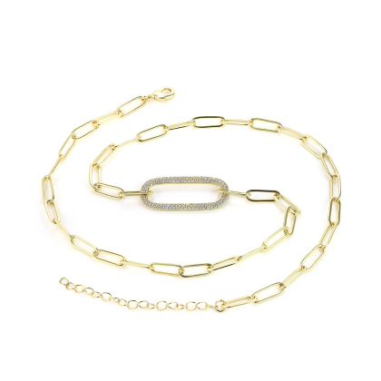 Layered - MARIA - Paperclip Necklace With Pave Oval Link in gold, laying in a flat spiral