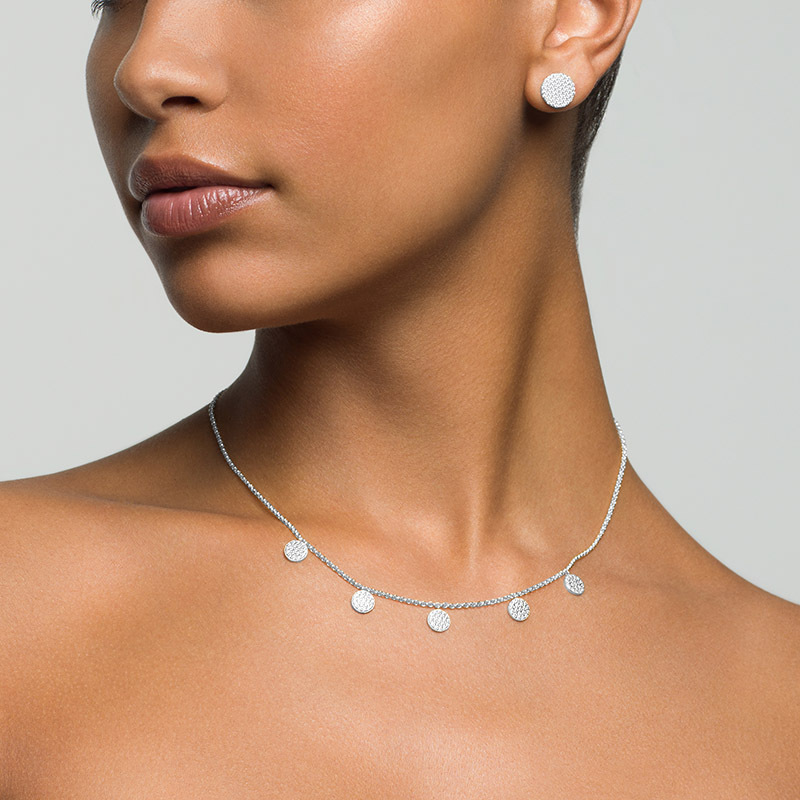 Layered JASMINE Pave Studs worn with AKEMI Pave Coin Dangle Necklace in silver