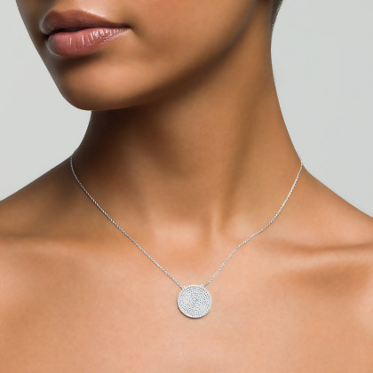 Layered KAMILA Pave Coin Pendant worn by model in silver