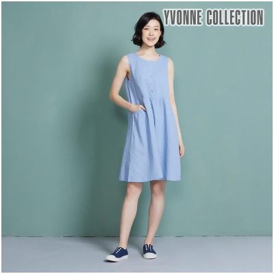 YVONNE COLLECTION 雙層紗半開襟無袖洋裝-灰藍 