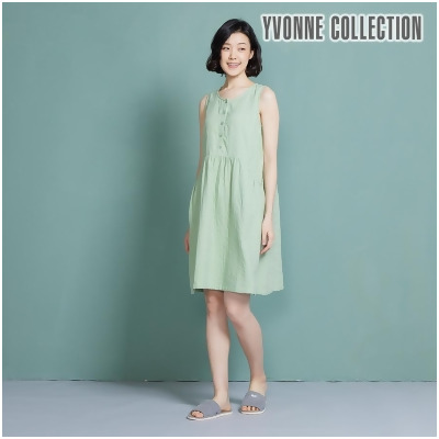 YVONNE COLLECTION 雙層紗半開襟無袖洋裝-開心果綠 