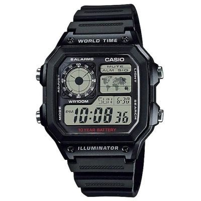 CASIO 卡西歐 10年電力 復古風 世界地圖計時手錶-黑 AE-1200WH-1A 