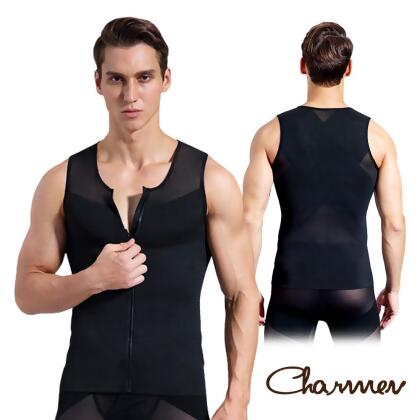 【Charmen】NY044深U圓領收腹緊身拉鍊背心 男性塑身衣 (黑色/XL) 