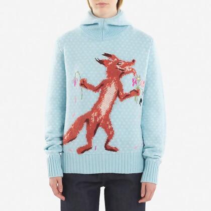 Maison Kitsuné 水藍色OLYMPIA灑花狐狸高領連帽針織衫-XS
