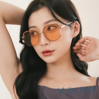 ALEGANT潤蜜橘韓版透視感金屬設計方框墨鏡 UV400太陽眼鏡 茶雲花田 