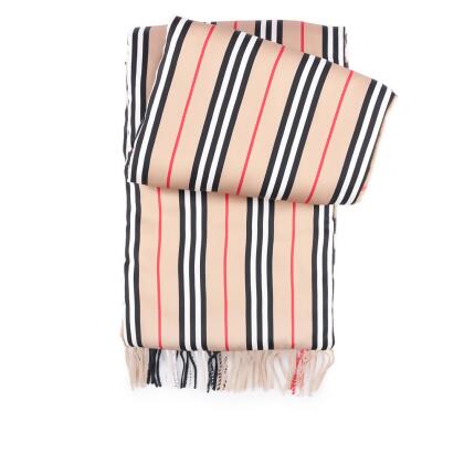 【BURBERRY 巴寶莉】經典格紋與標誌條紋雙面可用羊毛圍巾(經典米色)/ 平行輸入 