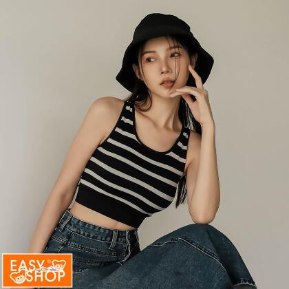 【EASY SHOP】Banana Pie-BRA TOP 經典條紋削肩背心-黑/ S 
