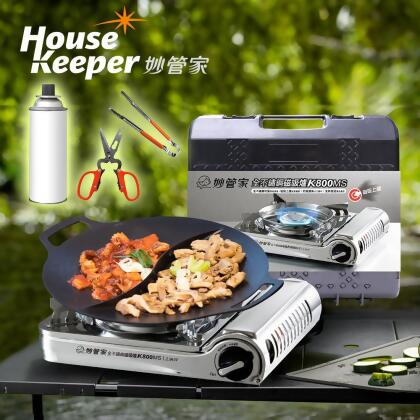 妙管家 全不鏽鋼磁吸卡式爐 K800MS+韓國Arisu太極烤盤 33cm+220g通用瓦斯罐+多功能剪刀附燒烤夾 