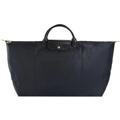 LONGCHAMP LE PLIAGE GREEN系列刺繡短把再生尼龍摺疊旅行袋(中/多色選)/平行輸入/ 黑