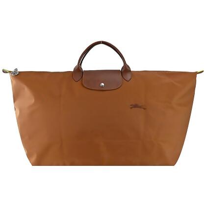 LONGCHAMP LE PLIAGE GREEN系列刺繡短把再生尼龍摺疊旅行袋(中/多色選)/平行輸入/ 白蘭地酒
