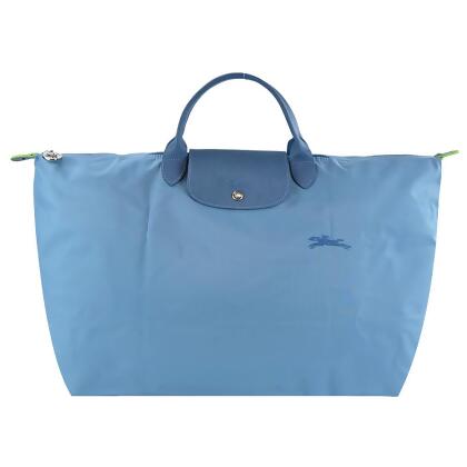 LONGCHAMP LE PLIAGE GREEN系列刺繡短把再生尼龍摺疊旅行袋(小/多色選)/平行輸入/ 雷雨藍 