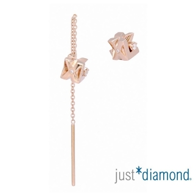 【Just Diamond】18K玫瑰金 立方單鑽 不對稱 鑽石耳環 