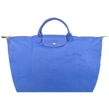 LONGCHAMP LE PLIAGE GREEN系列刺繡短把再生尼龍摺疊旅行袋(小/失車菊藍)/平行輸入 